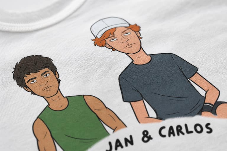 Close-up of the Jan & Carlos illustration on The Classic Tee