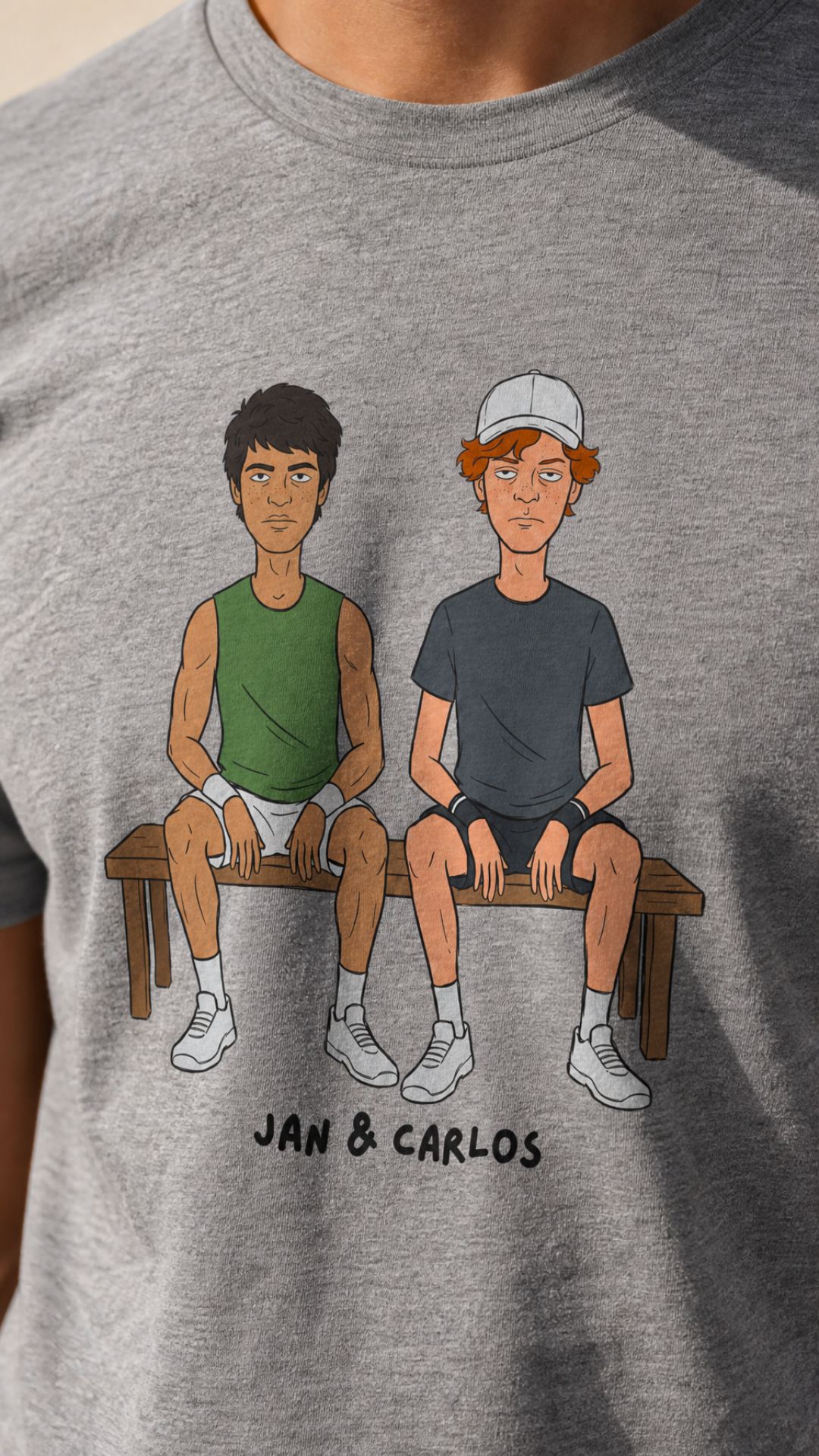 Close-up of the Jan & Carlos print on The Classic Tee